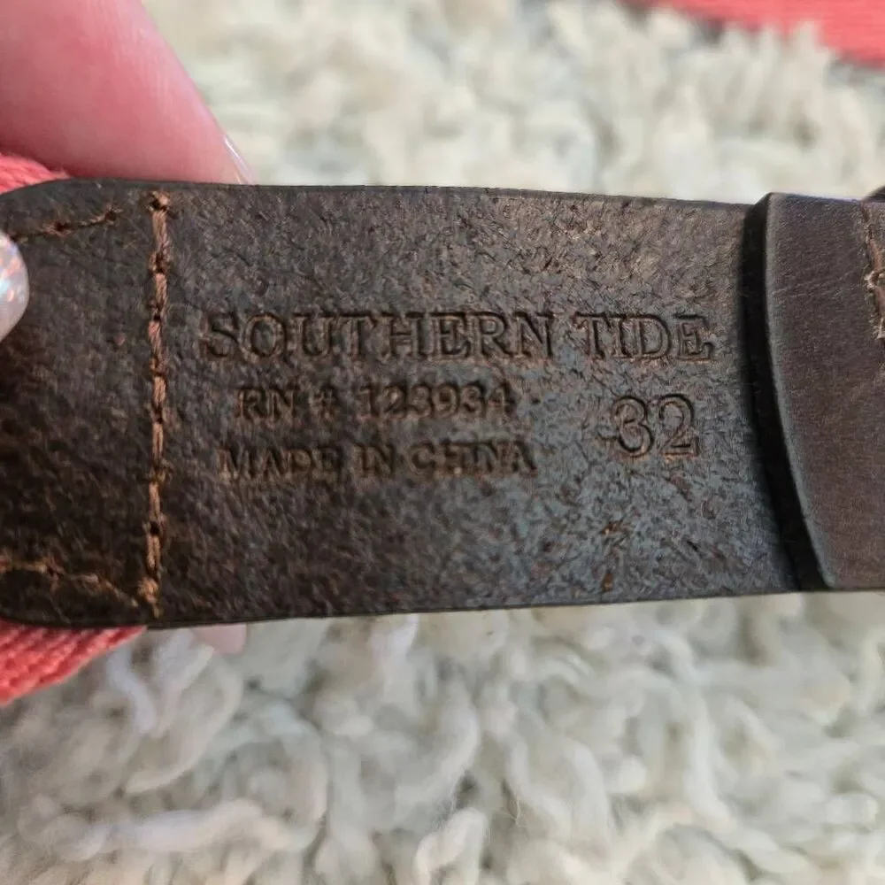 Southern Tide Pink Khaki Belt Dark Brown Leather size 32